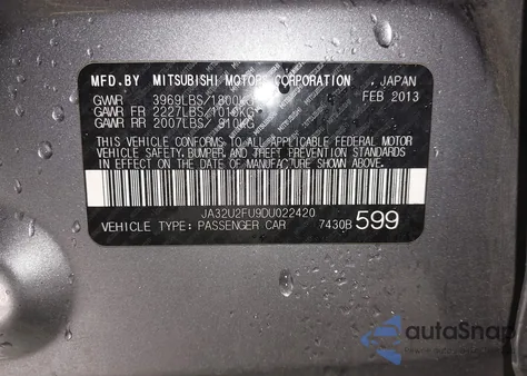 2013 Mitsubishi Lancer Es из США, поврежденный, VIN JA32U2FU9DU022420